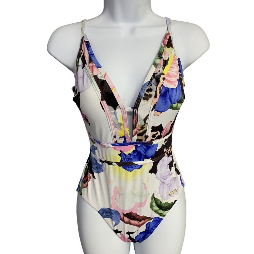 Sunseeker Swimsuit Size 4 One Piece Floral Low Cut V-Neck Sexy White Pink Blue